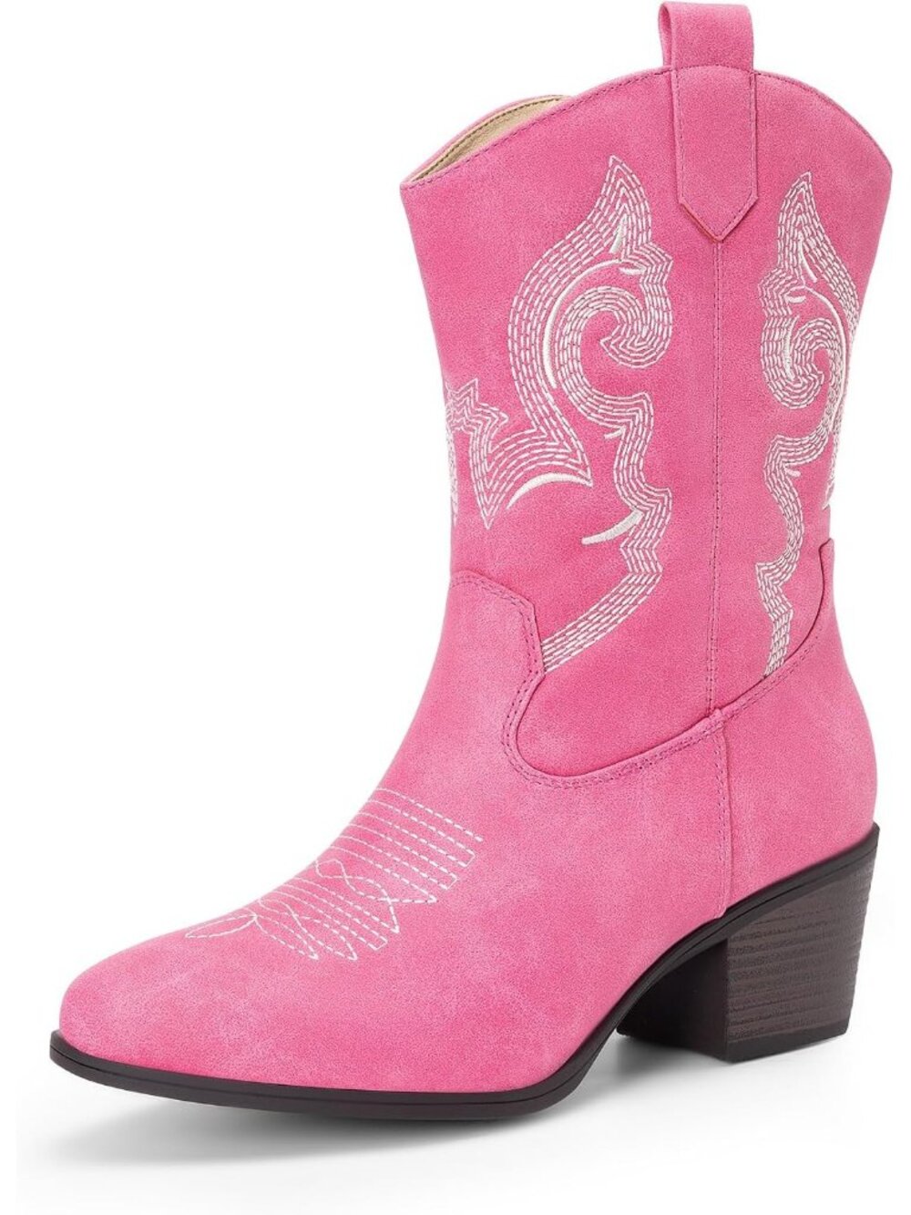 Women's Pink Cowgirl Boots Mid Calf Embroidery Round Toe Western Chunky Heel